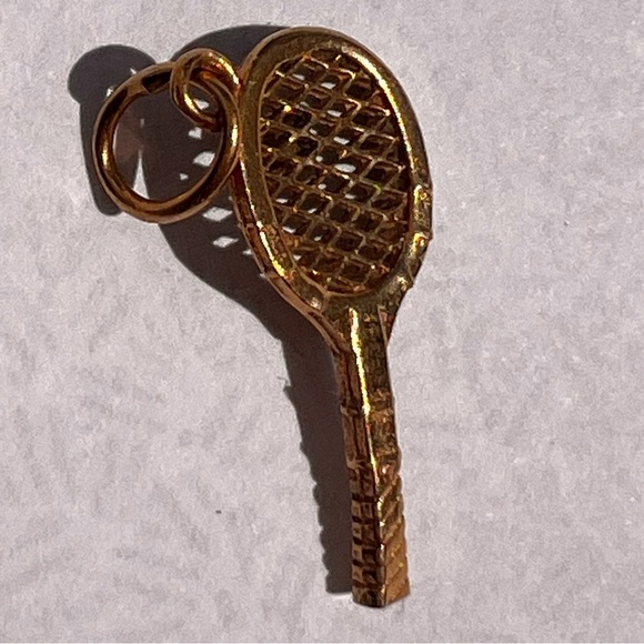 Vintage 14kt Two Tone Yellow Gold Diamond Tennis Racket Charm Pendant - Picture 3 of 5